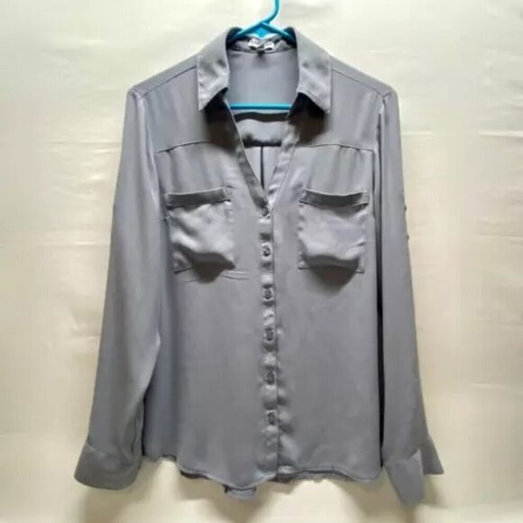 Express Button Up Women's Medium Steel Blue Grey Silky Lightweight Pockets EUC - Picture 9 of 9